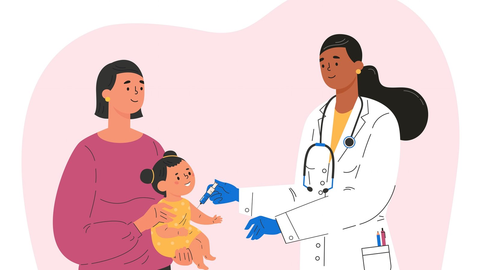 Female doctor makes a vaccine to a child. Concept illustration for immunity health. Woman with baby in hospital. Doctor in a medical gown and gloves. Flat illustration isolated on white background.