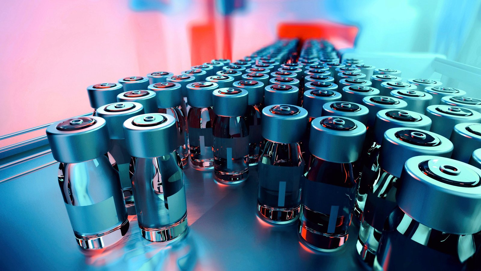 Close-up of medicine glass vials on a pharmaceutical production line, with metal caps and blank labels, moving forward. Industrial background, manufacturing equipment. Teal and orange hues. Digitally generated image. Selective focus.